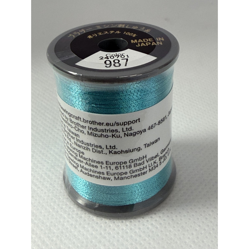 Bobine fil à broder BROTHER 300 m métallique 987 Bleu clair